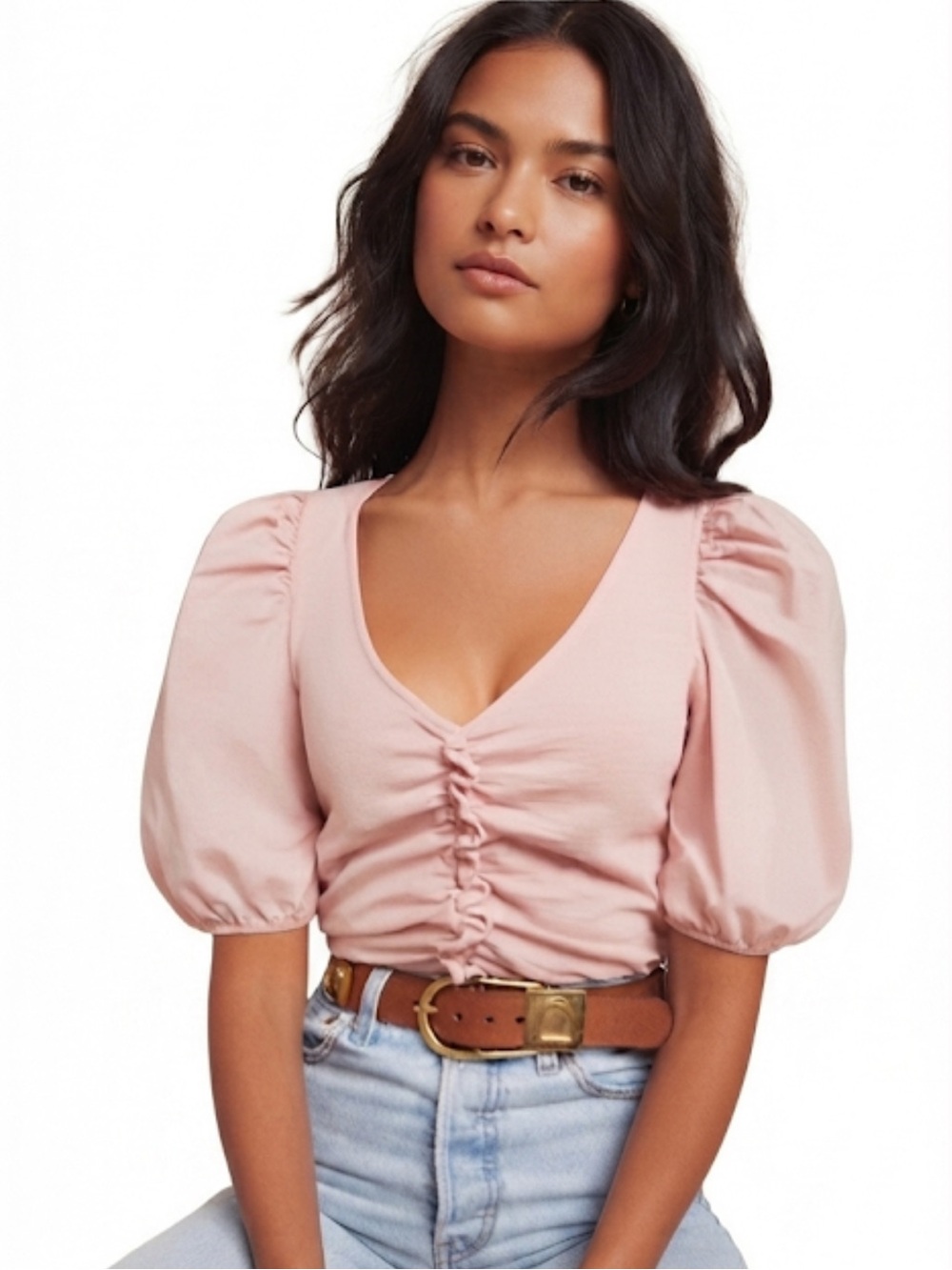 Nation LTD “Giada” Gathered Puff Sleeve Slub Cotton Top Extra Small In Peach EUC